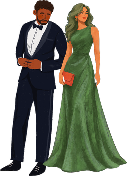 Ilustración de pareja: él con traje formal, ella con vestido largo